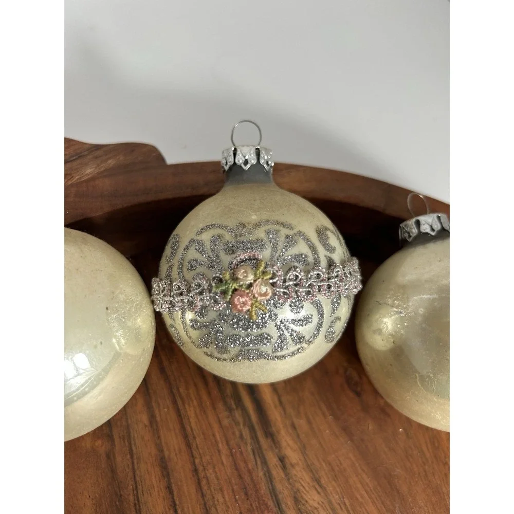 Vintage Krebs Victorian Glass Christmas Ornament Set Stunning Pearl Ivory Silver
